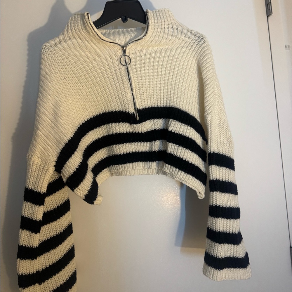 Cropped Stripe Half-Zip Sweater - Cream & Black